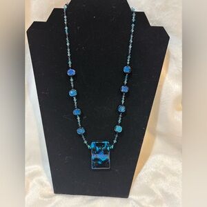 Turquoise and Blue Dichroic fused glass necklace Sterling silver 20”